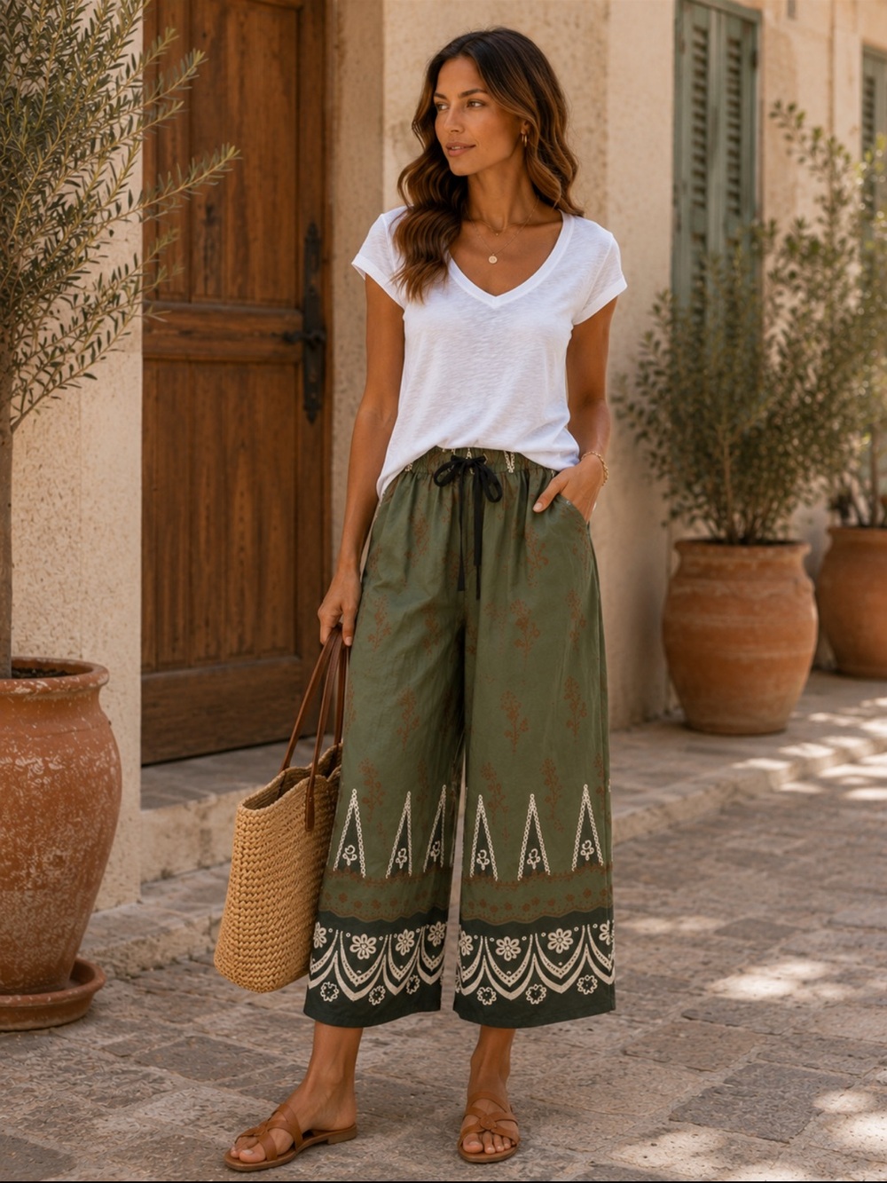 MADE IN ITALY Green Patterned Wide-Leg Pants
